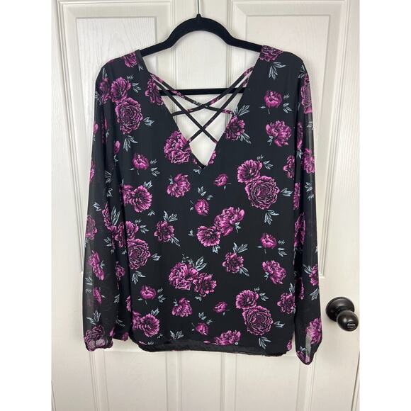 Torrid Womens 1X Black Purple Floral Strappy Back Double V Stretchy Hem Blouse - Picture 8 of 8